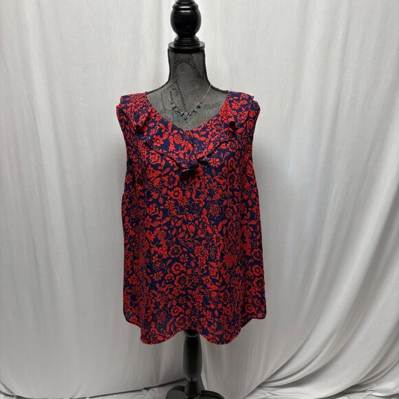 Terra and Sky Floral Sleeveless Blouse Womens Sz 0X 14W Red Navy Ruffle Neck Top - Picture 1 of 7